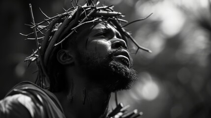 Portrait of black Jesus Christ with crown of thorns on his head. Black and white photorealistic portrait. Close-up. - obrazy, fototapety, plakaty