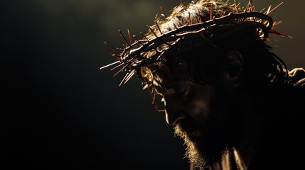 Jesus Christ with crown of thorns on his head. Dark background. Photorealistic portrait. Close-up.