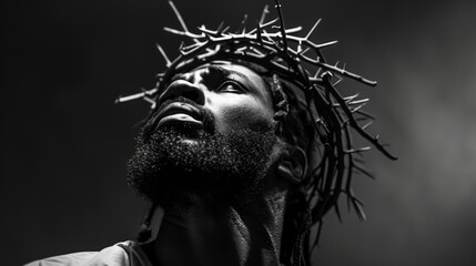 Portrait of black Jesus Christ with crown of thorns on his head. Black and white photorealistic portrait. Close-up.