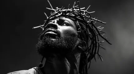 Foto op Plexiglas Portrait of black Jesus Christ with crown of thorns on his head. Black and white photorealistic portrait. Close-up. © Faith Stock