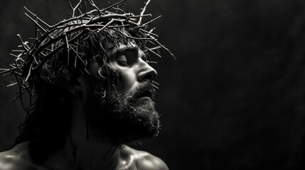 Jesus Christ with crown of thorns on his head. Black and white.  Photorealistic portrait. Close-up. - obrazy, fototapety, plakaty