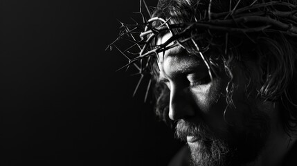 Jesus Christ with crown of thorns on his head. Black and white.  Photorealistic portrait. Close-up.