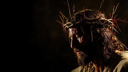 Jesus Christ with crown of thorns on his head, dark background.  Photorealistic portrait. Close-up. - obrazy, fototapety, plakaty