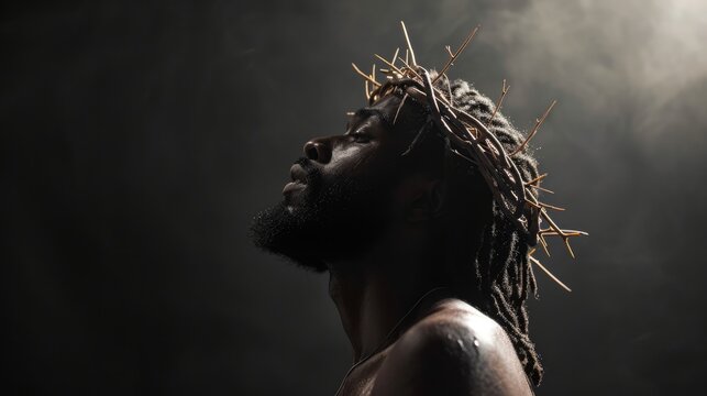 Portrait of black Jesus Christ with crown of thorns on his head. Photorealistic portrait. Close-up.