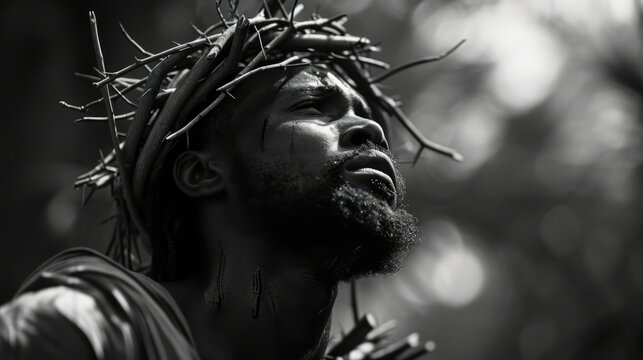 Portrait of black Jesus Christ with crown of thorns on his head. Black and white photorealistic portrait. Close-up.