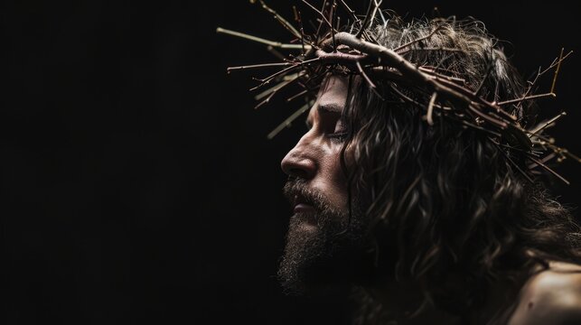 Jesus Christ with crown of thorns on his head, black background. Photorealistic portrait. Close-up.