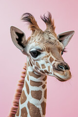 A close up view of a giraffe on a color background
