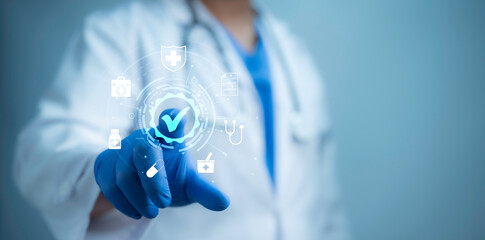 A medical worker touch virtual screen of certification of standard quality control, guarantee of...