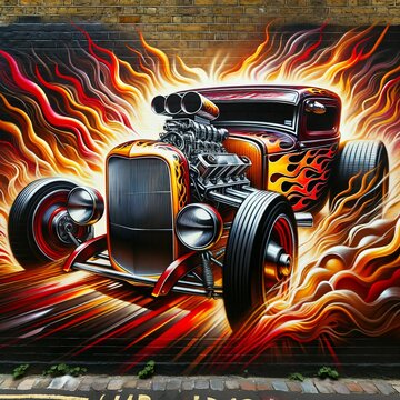 Old hotrod car with colorful artistic flame for background, wall art 