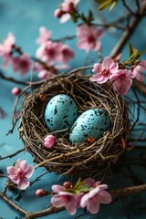 Fototapeta na wymiar Easter eggs in a nest with pink flowers on a blue background