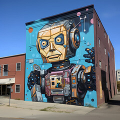 Robot painting a mural on the side of a building.