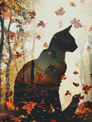 Explore the enchantment of a double exposure where a cat and an autumn forest blend seamlessly, crowned by the silhouette of falling leaves