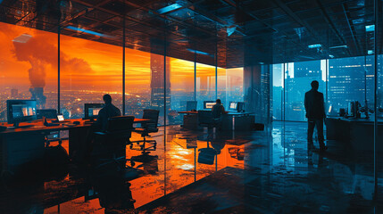 Futuristic Office Dynamics: Blurred Neon Cyberpunk Open Space, Fused with Information Technology, Unveiling Corporate Strategy in Finance, Operations, and Marketing