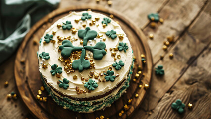 St. Patrick's Day cake with clover icing poster with copy space.