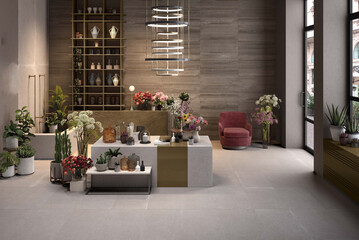 Luxury boutique interior with wooden walls, grey marble floor. 3D Rendering