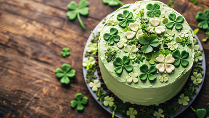 St. Patrick's Day cake with clover icing poster with copy space. - obrazy, fototapety, plakaty