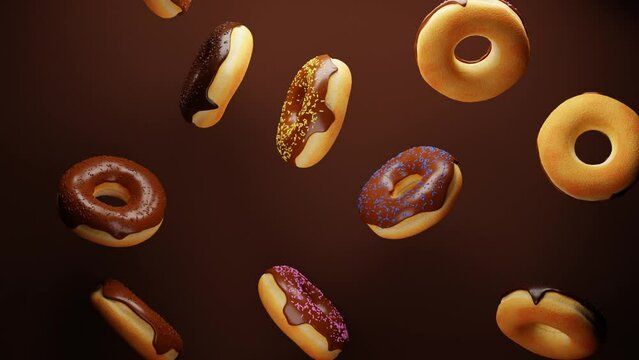 Seamless looping animation of flying multicolored doughnuts with sprinkles on brown background. 3d animation
