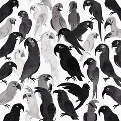 Seamless pattern with parrots on the white background