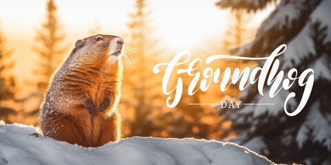 Groundhog day with a groundhog and lettering text poster. - obrazy, fototapety, plakaty
