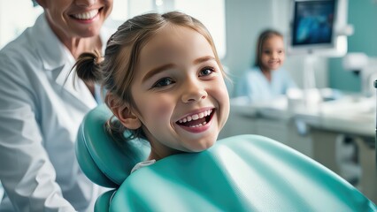 A six-year-old girl smiles in the dentist's office