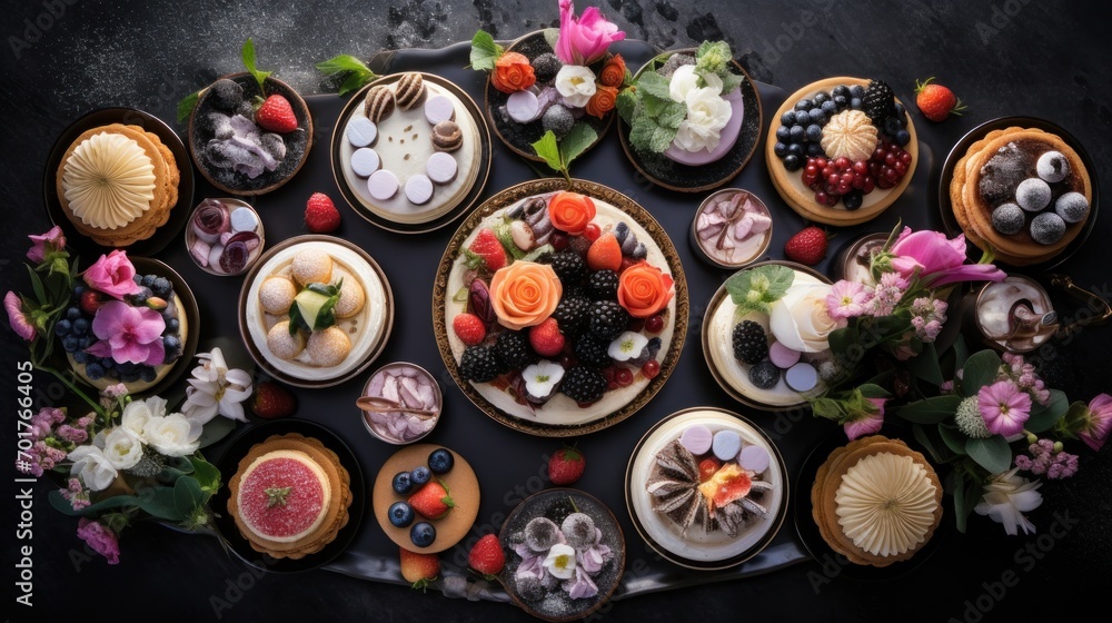 Poster a table topped with lots of desserts on top of a black table covered in lots of different types of d