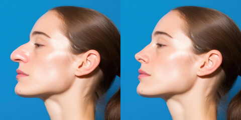 Before and after results of woman after rhinoplasty for plastic surgery promo. - obrazy, fototapety, plakaty