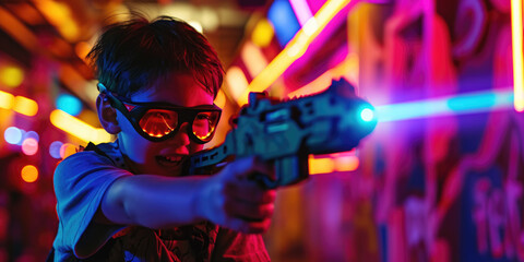 A child playing laser tag poster with copy space. - 701766820