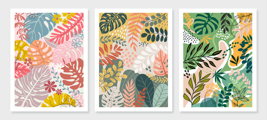 Fototapeta na wymiar Set background with beautiful.background for design. Colorful background with tropical plants