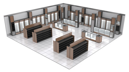 Retail floor plan with wooden display stands. 3d illustration isolated on white