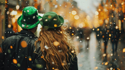 Couple on St. Patrick's Day wearing green hats poster with copy space.