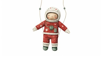 Cute character boy astronaut watercolor illustration in Christmas style. Red and green colors.