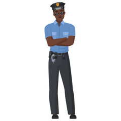 Black policeman with crossed arms. Confident male police officer cartoon vector illustration