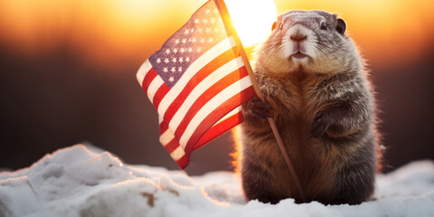 Groundhog day with a groundhog holding an USA flag poster with copy space. - obrazy, fototapety, plakaty