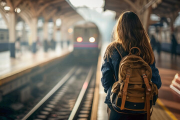 Rear view of a young woman with backpack standing on a train station platform on a coming train. Travel concept of vacation and holiday. - obrazy, fototapety, plakaty