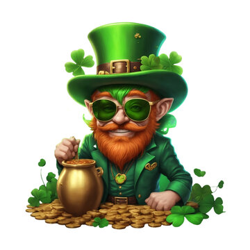  leprechaun ultra realistic with a clover sunglasses happy and  a pot of gold
