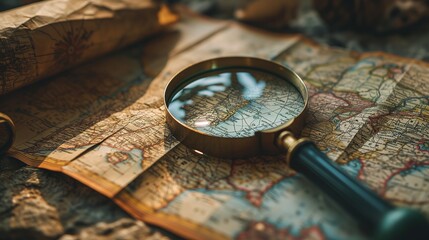 old world map and magnifying glass