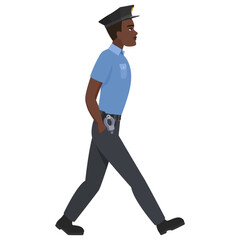 Side view of walking black policeman. Male african police officer cartoon vector illustration