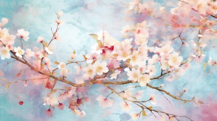  a painting of a tree branch with white and pink flowers on a blue and pink background with a sky background.