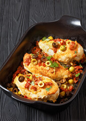 chicken breasts with vegetables, olives, top view