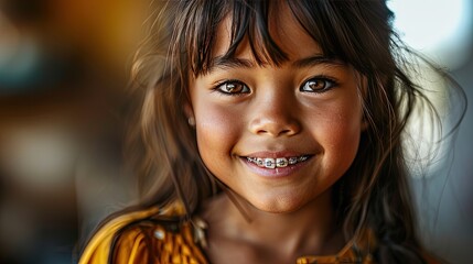 Indian young girl in braces smiles happily. Taking care of dental health, oral hygiene	for kids