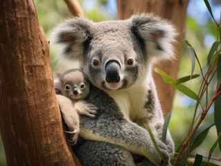 A heartwarming moment captured of a mother and baby koala hugging tightly in a eucalyptus tree.