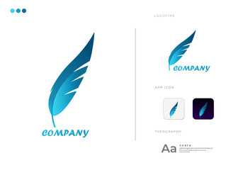Feather Logo Design Vector Template with App Icon. A Modern Abstract Blue Feather Signature Logo on a White Background. Minimalist quill pen Sign or Symbol Vector Illustration Logo Element.