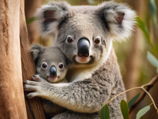 Filename: "00066_03_rl"..Description: "Adorable koala mother and baby sharing a loving cuddle in a eucalyptus tree."