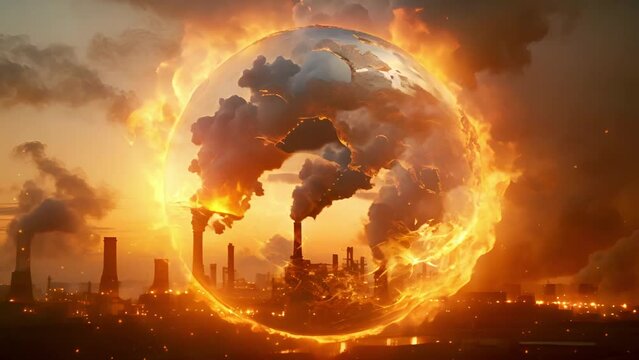 AI video clip on the concept of global warming, a boiling world and hotter climate change. Industrial factories are the cause of global warming by releasing greenhouse gases.