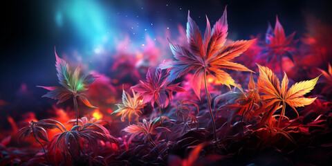 leaves of cannabis marijuana bushes on bright hallucinogenic neon psychedelic vintage background - obrazy, fototapety, plakaty