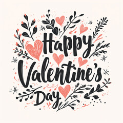 Handwritten words Happy Valentine's Day black text on white background. Lettering calligraphy illustration with pink hearts and flowers