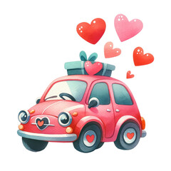 Watercolor romantic car. Car with hearts. Valentine's Day element. Watercolor valentine's illustration.