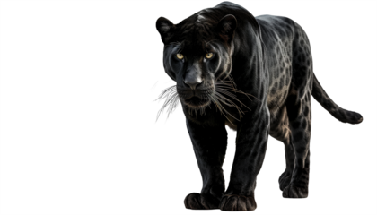 Standing black panther isolated on a white background as transparent PNG