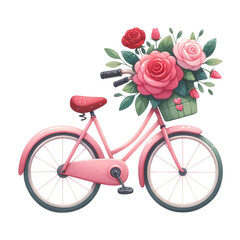 Watercolor romantic bicycle. Bicycle with roses. Valentine's Day element. Watercolor valentine's illustration.