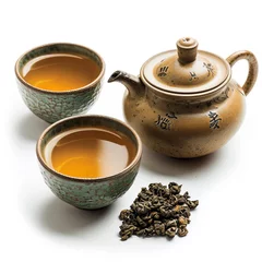 Foto op Aluminium Tea pot, tea leaves, and tea cups © ding